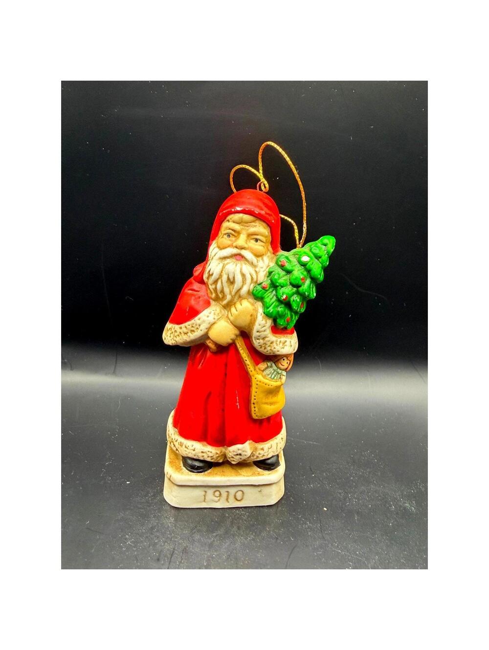 Vtg 1910 Santa Claus Ornament with Red Robe & Christmas Tree Hand Painted Resin